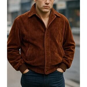 VTG James Dean Bomber Jacket Italy Suede Brown GV Zip Collar Y2K 90s 60s Aviator